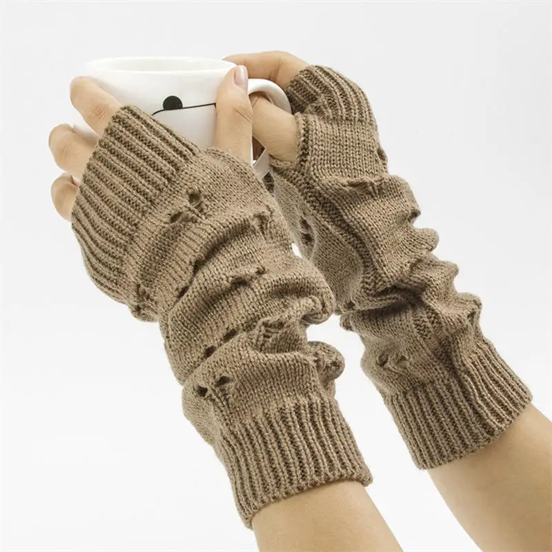 Women Knitted Gloves Stylish Hand Warmer Winter Gloves Women Arm Crochet Knitting Hollow Heart Mitten Warm Fingerless Gloves