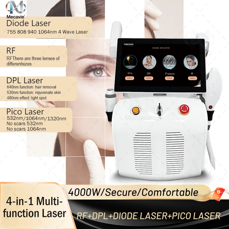 

Высокопроизводительный диодный лазер 4-в-1 для удаления волос, татуировок, фотоомоложения и подтяжки кожи для салонов красоты, 4 длины волны