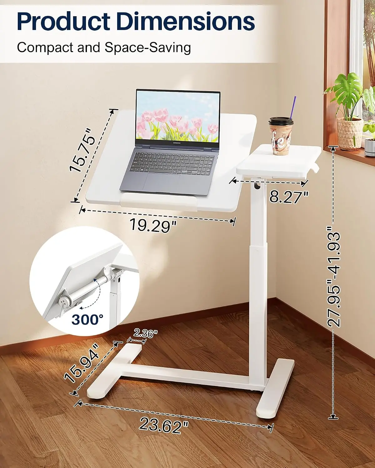 Rolling Overbed Side Table Pneumatic Lift Height Range 27 9 To 41 3 Inches