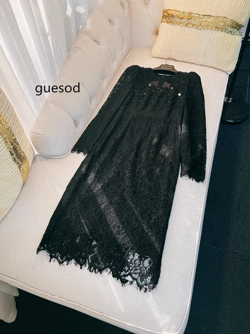 guesod women french vintage dress luxury beading lace elegant laides formal dress top quality black slim dresses bud vestidos