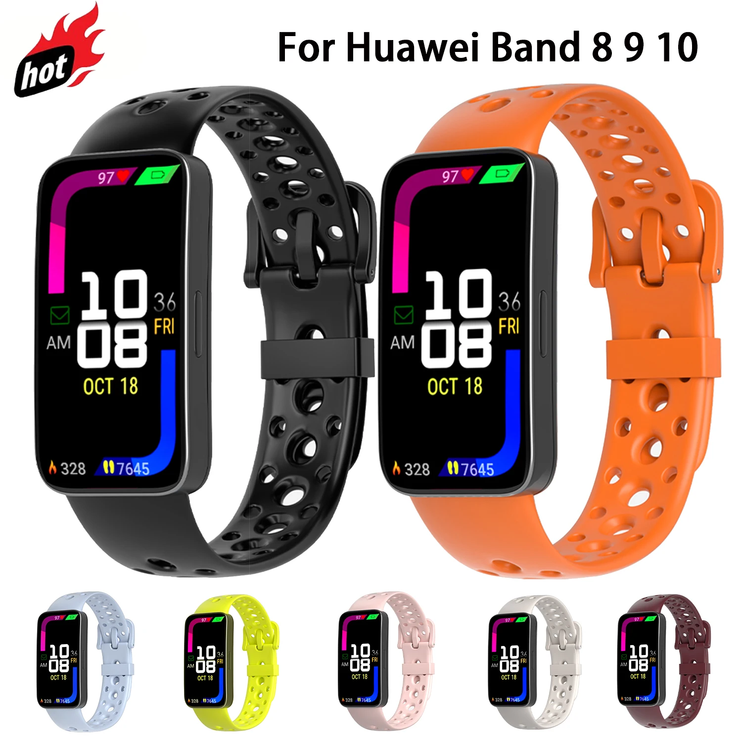 Silikonarmband für Huawei Band 8 9 10, weiches Armband, modisches Sport-Hohlarmband für Huawei Smart Band 10 9-Armband