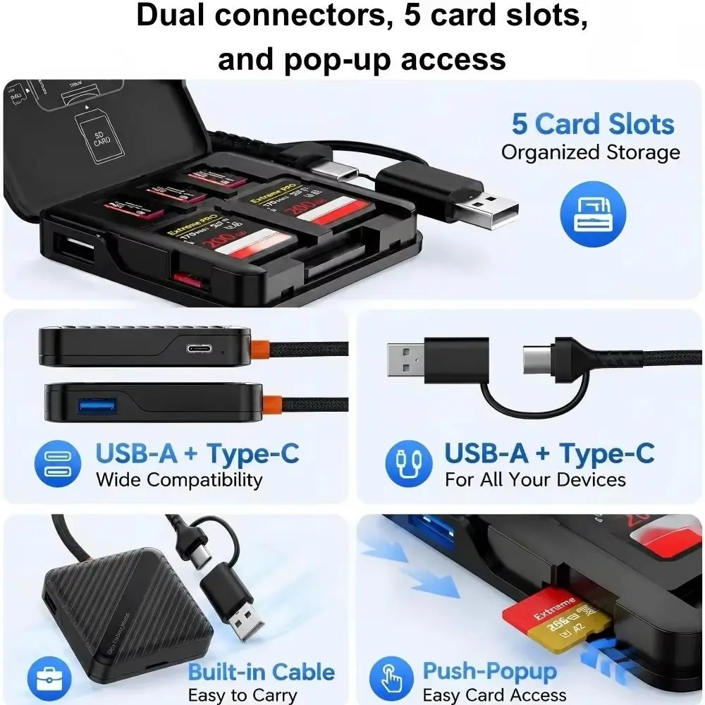OTG Adapter USB 3.0 Memory Card Reader USB 3.1 Type-C SD Card Reader 5Gbps High-Speed 5 Ports Card Reader Adapter For PC