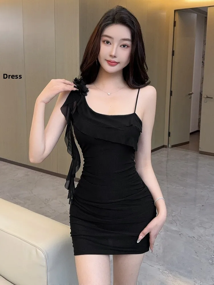 High Waist One Shoulder Floral Patchwork Sleeveless Dress Sexy Slimming Backless Vest Short Skirt Trendy Korean Style Commute