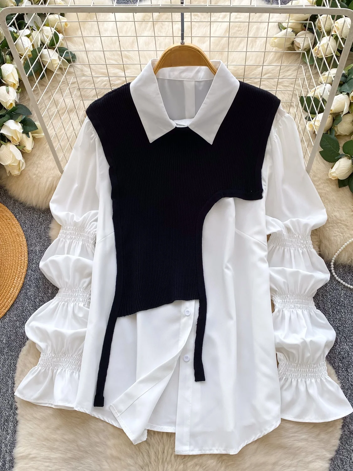 

Комплект для повседневной носки: вязаный костюм-двойка Commute Sle Lantern Sve для женщин, осенний, модный, с асимметричным дизайном, эффектом стройности, повседневная одежда