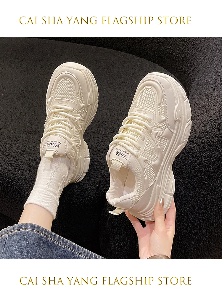 

Women's Dad Shoes Spring Summer New Style Breathable Mesh Thick Bottom Casual Sports Shoes Fashionable Flat Knot Lace-Up Snea...