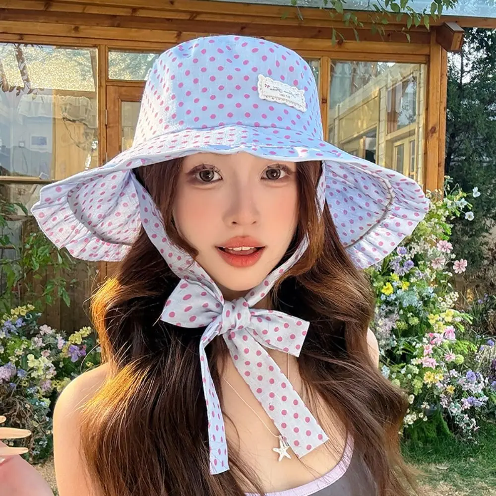 

Casual Polka Dot Women Fisherman Hat Ribbon Red Summer Sun Hat Wide Brim Breathable Bucket Hat Ladies