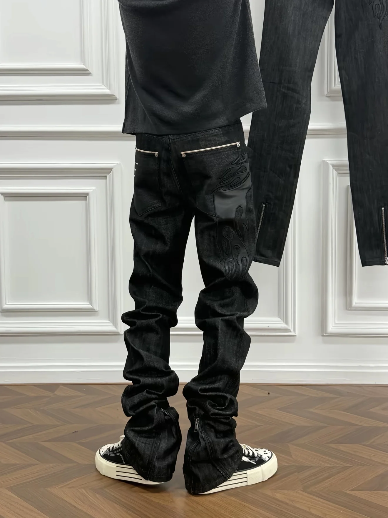 American Street Style Four-Line Flame Patchwork Leather Men's Jeans Straight Leg Micro Flare Casual Pants mid Waist Zipper