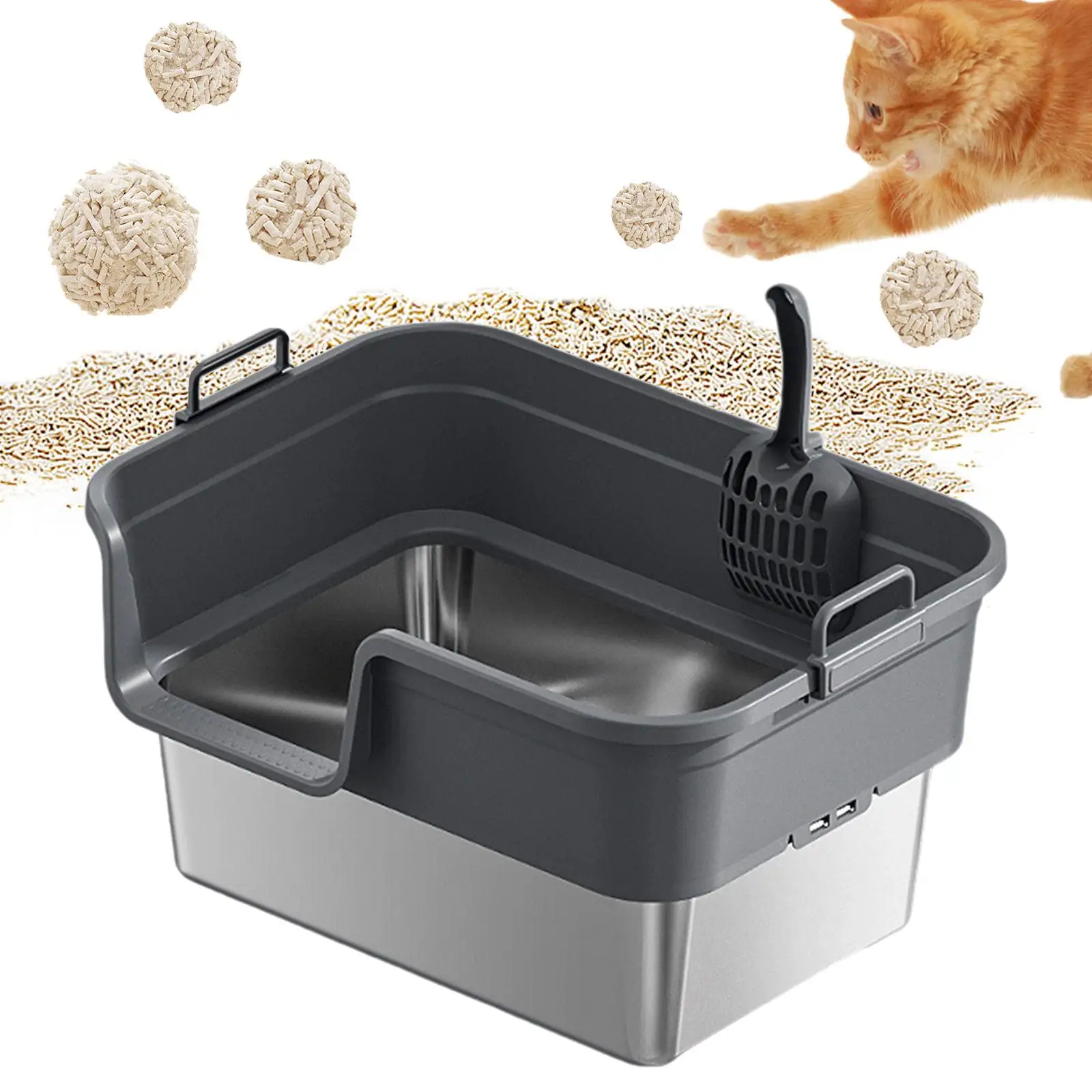 

Large Cat Litter Box Splashproof High Sided with Scoop Heighten Cat Toilet