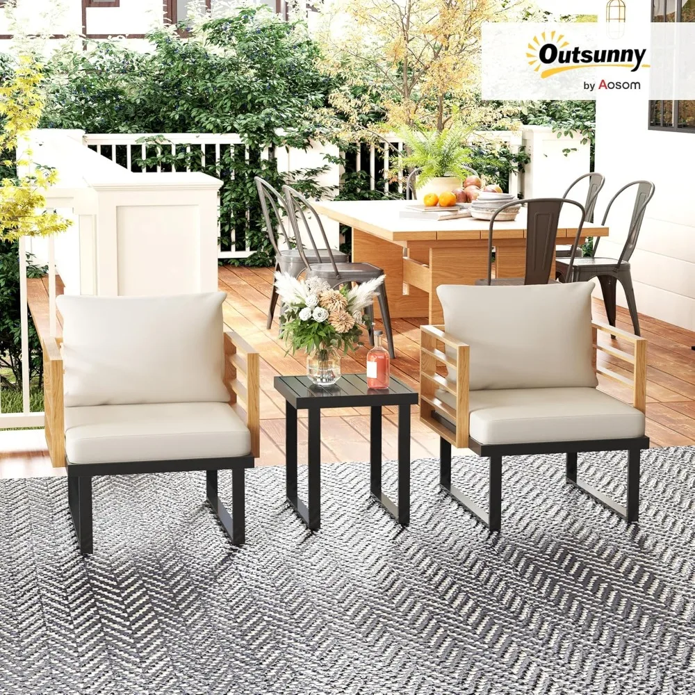 

3 Pieces Outdoor Bistro Set, Small Patio Set with Cushions, Armchairs and Slatted Metal Top Table, Metal Patio Furniture Set.