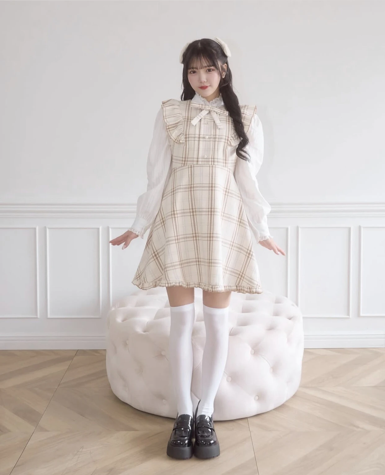 Japanese Temperament Retro Socialite Round Neck Bow Ruffles Splicing Sleeveless High Waist A-line Plaid Woolen Tank Dress Women