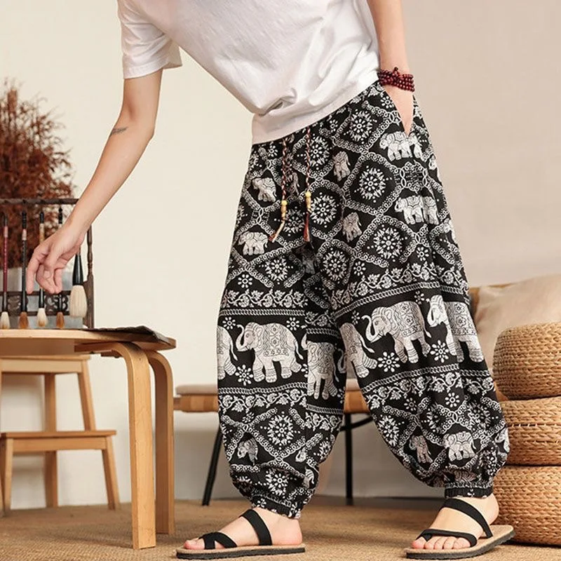 Male 8XL Casual Travel Thailand Linen Pant Men Print Thin Tropical Island Leisure Ethnic Vintage Vacation Trendy Bloomer Trouser