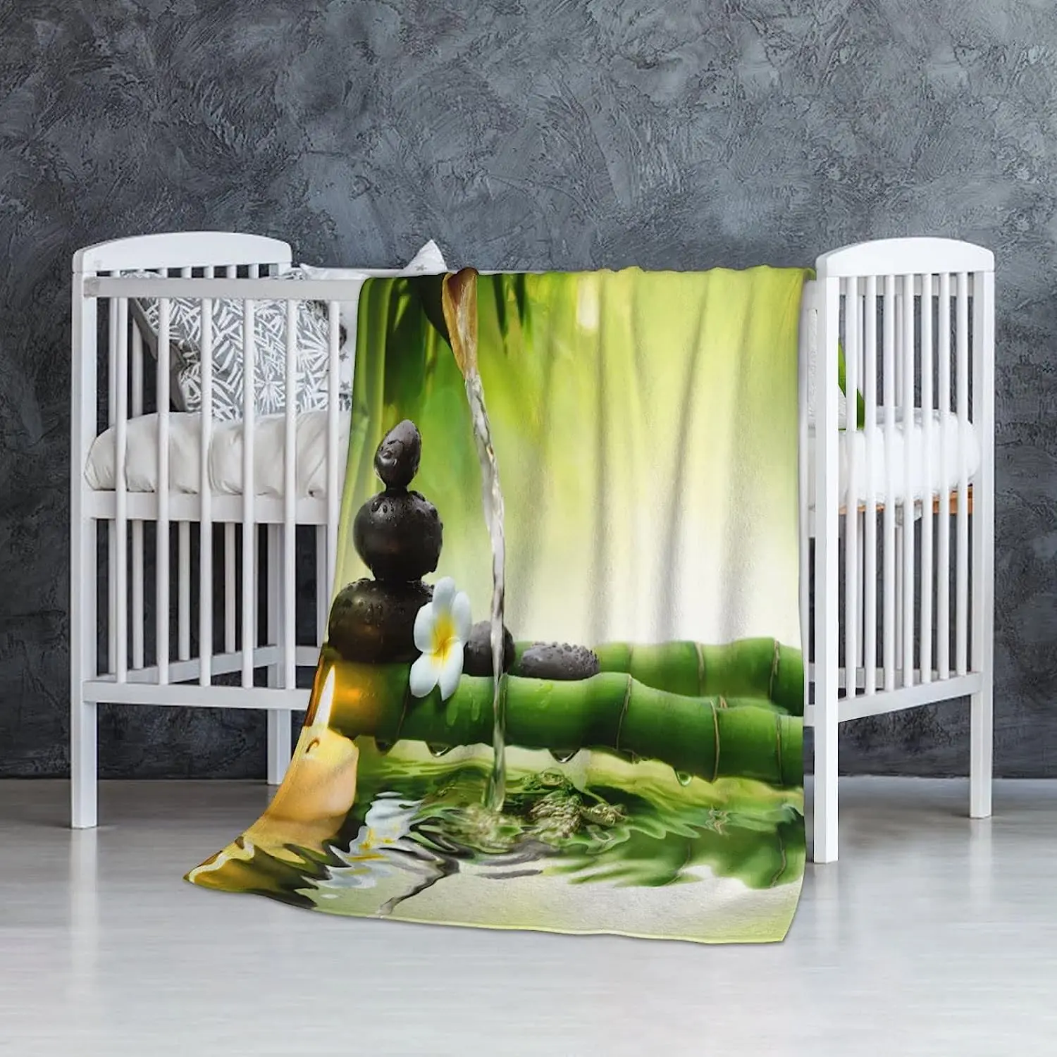 Spa Stones Throw Blanket in Garden with Flow Water Bamboo Candle Flower Decor Nature Green Throw Blanket Bed Couch Sofa