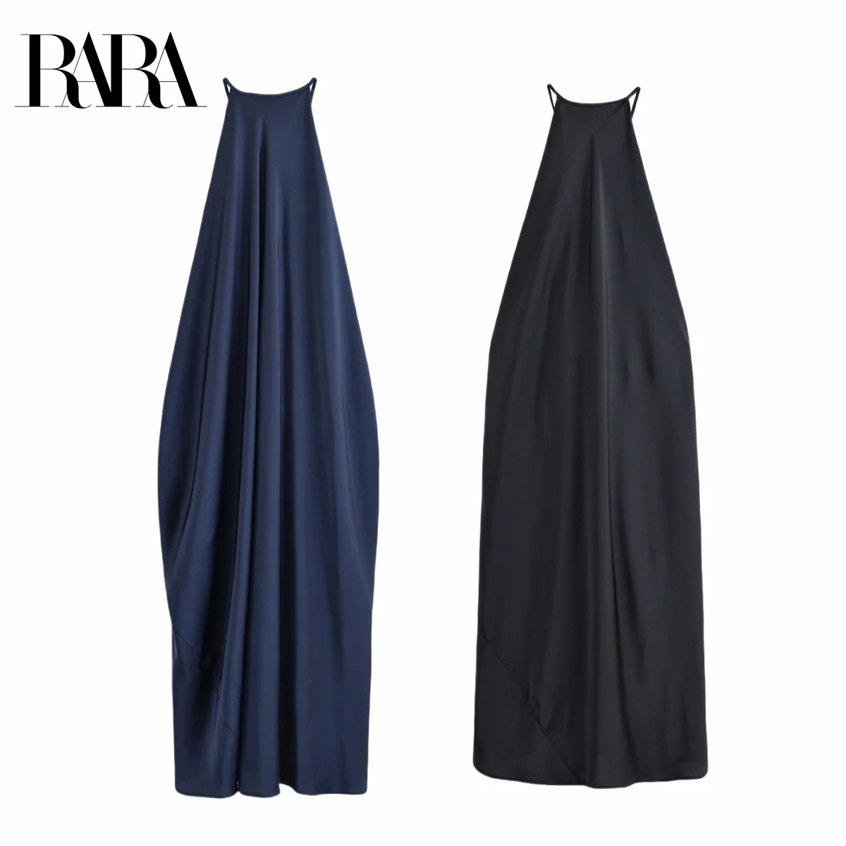 

RARA Women's Summer New Satin - Touch Elegant Sexy Loose Sleeveless Off - shoulder Halter Neck Mid - length Backless Dress