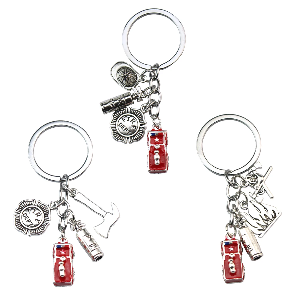 Fire Engine Fire Extinguisher Axe Fire Cap Fire Dept Fireman Firefighter KeyChain KeyRing Man Accessories Jewelry Pendant