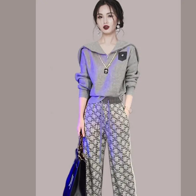 Spring and Autumn Women\'s Fashion High-end Casual Short Long Sleeve Sweatshirt Trousers Letter Printed Sportswear Set