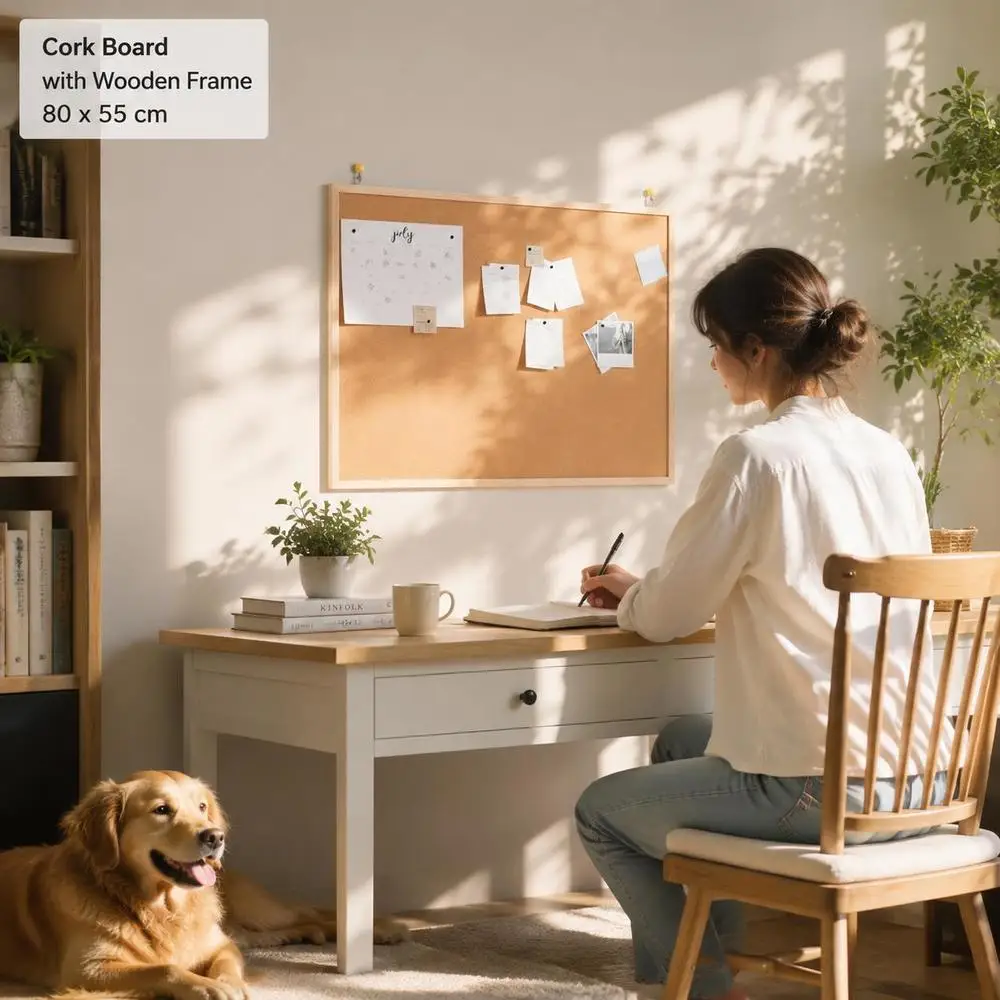 Tableau en liège 80 x 55 cm avec cadre en pin massif, surface en liège pour notes, photos, organisation bureau et maison, décoration murale moderne