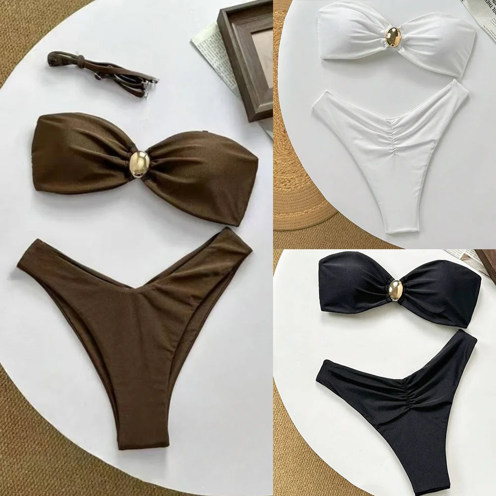 Elegant Solid Off Shoulder Women’s Sexy Bikini Set Tight Fitting Swimsuit Ladies High Elastic Split Bikini Swimwear