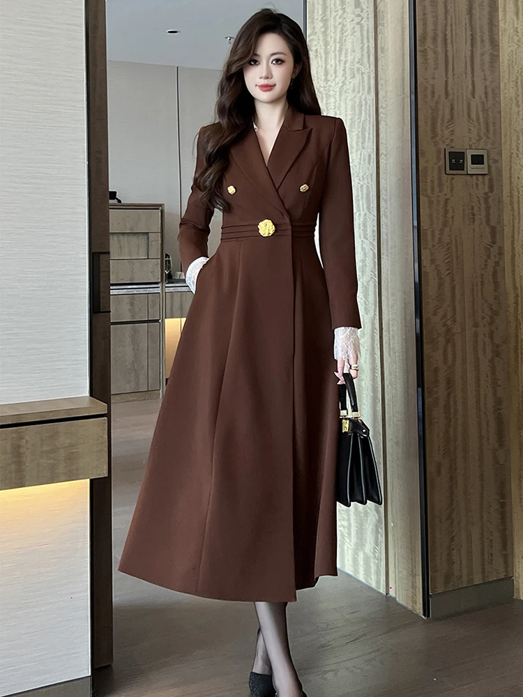 

Модные элегантные деловые пиджаки, женские профессиональные пиджаки, темно-коричневое пальто с зубчатым воротником, женская праздничная верхняя одежда, деловое пальто