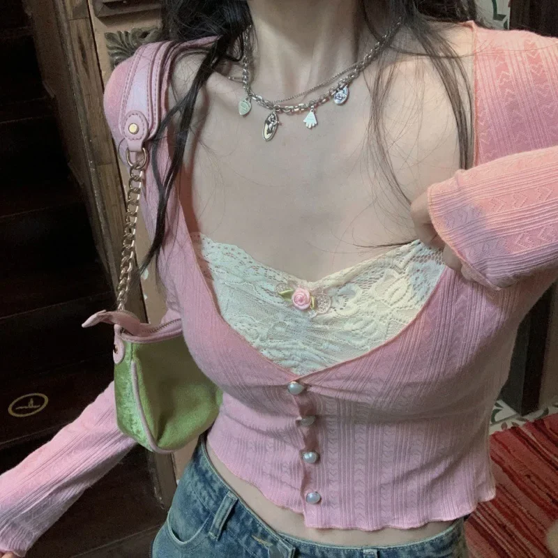 

Korean Fashion Crop Top Women Spring Long Sleeve Knitted T-Shirt Ulzzang Sweet Cute Pink Lace Patchwork Slim Y2K Aesthetic Tees