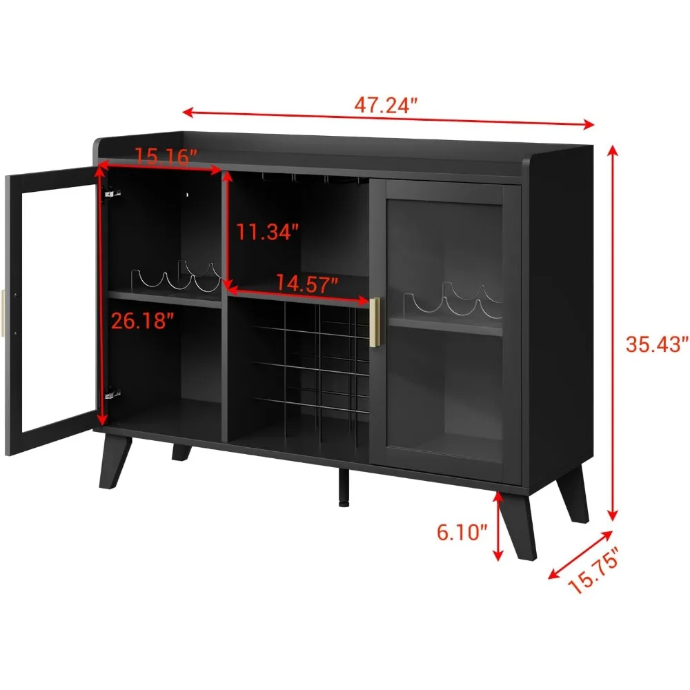 Contemporary LED-Illuminated Wine Buffet with Storage Racks and Glass Holders, Compact Home Coffee Bar with Whiskey Display
