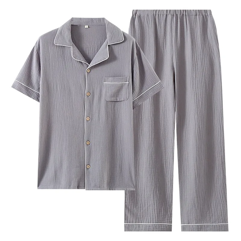 summer-men's-pure-cotton-pajamas-thin-gauze-short-sleeved-cardigan-trousers-set-japanese-loungewear-large-size-casual-underwear