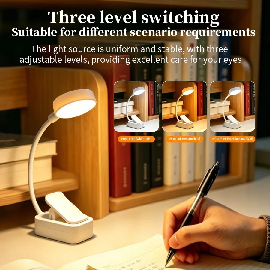 LED Desk Lamp Mini Book Lights USB Rechargeable Clip-on Eye-caring Study Table Lamps for Reading Bedroom Dormitory Office Travel