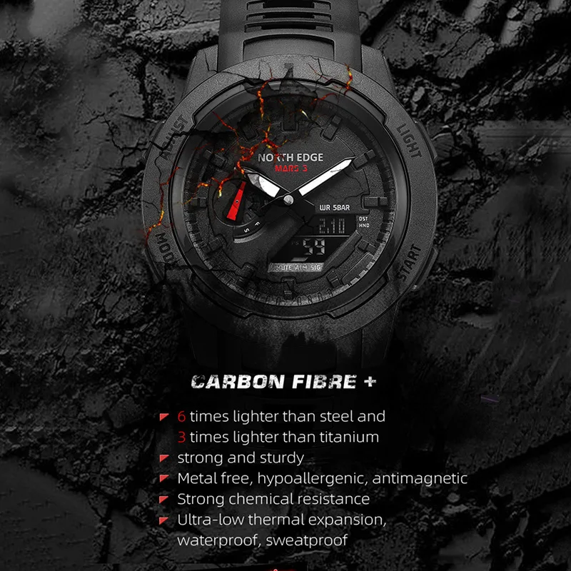 NORTH EDGE Mens Watch MARS3 Carbon Fiber Case Stopwatch Alarm Clock World Time Waterproof Watches for Men with Box Reloj Hombre