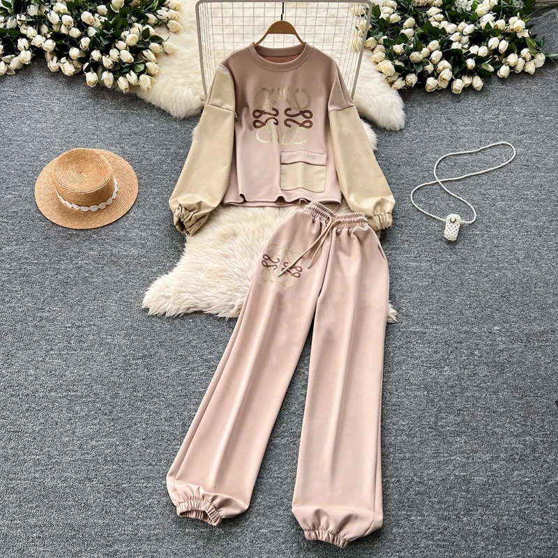 

Set for Women 2 Piece Fashion Luxury Casual Printed Winter Round Neck Loose Hoodie+Elastic Waist Drawstring Pants