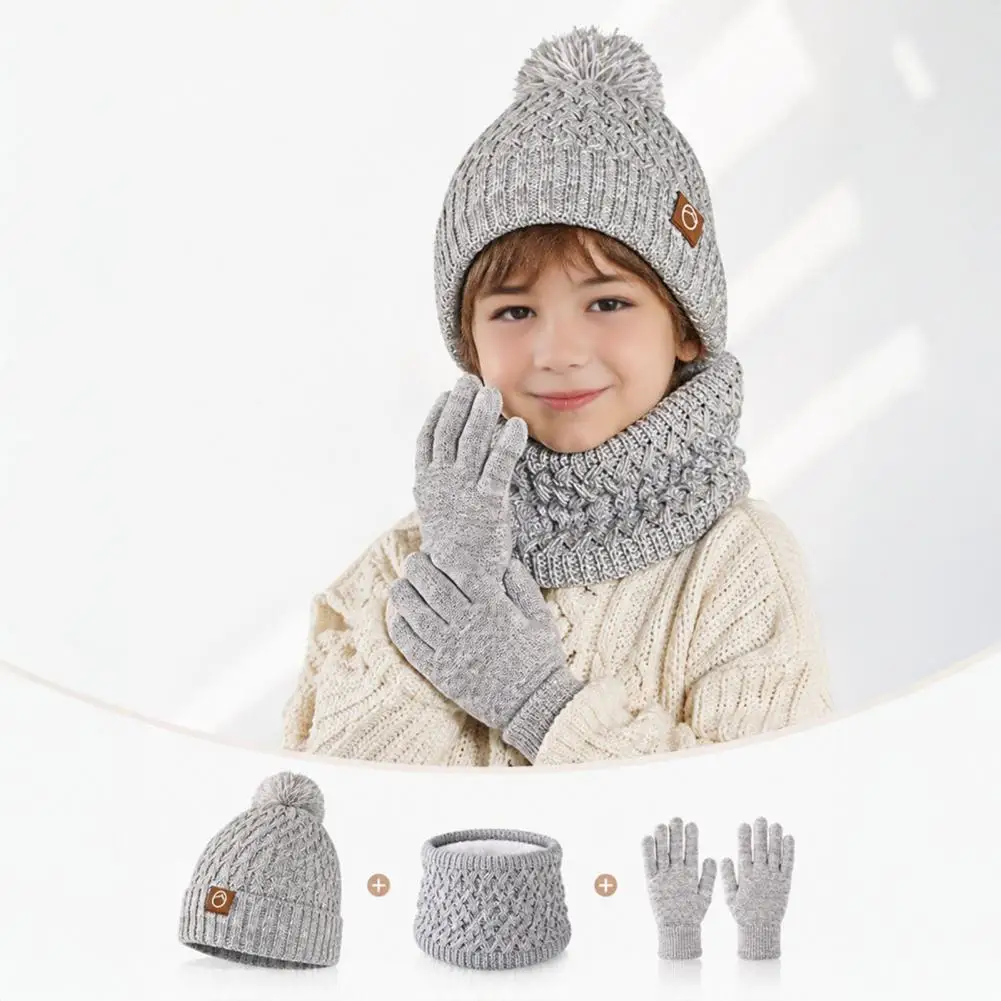 Kids Thermal Knit Beanies Neck Warmer Mittens Kids Winter Hat Scarf Gloves Set Fleece Lined Beanies Neck for Boys for Kids