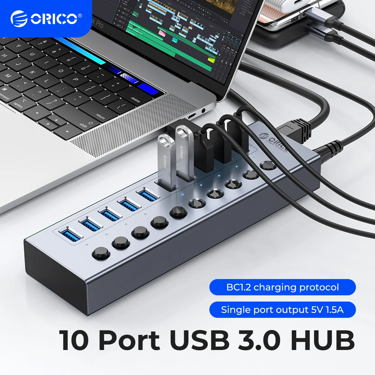 ORICO Powered USB 3.0 HUB 7/10/13/16 Ports USB Extension with On/Off Switches 12V Power Adapter Support BC1.2 Charging Splitter