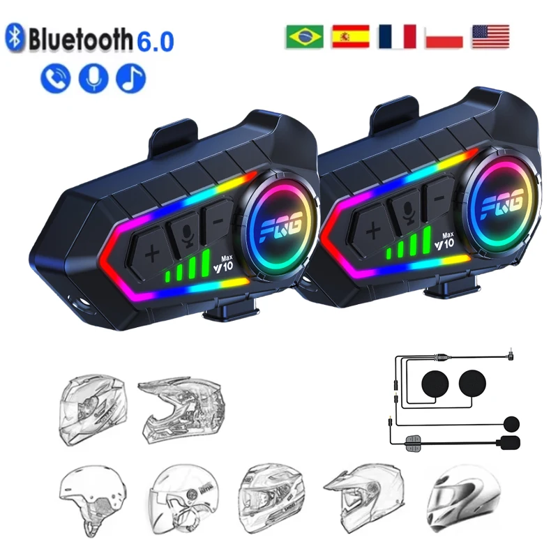 

KEBIDUMEI Bluetooth 6.0 Motorcycle Intercom Helmet Headset with RGB Ambient Light Noise Reduction Earphone Wireless Interphone