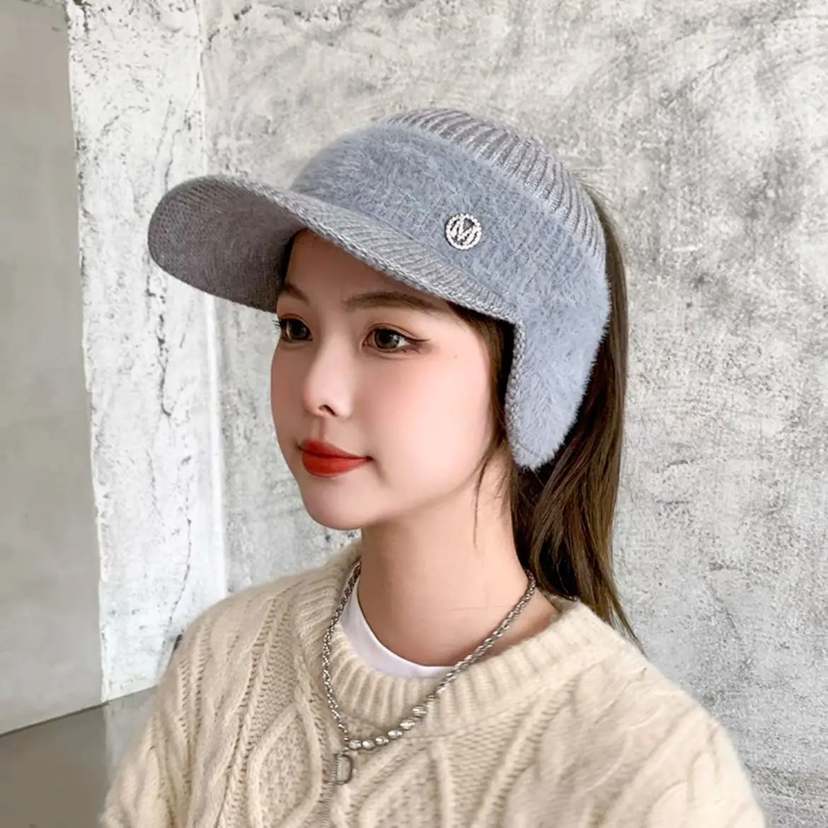 New Cool Women Warm Ponytail Earflaps Caps Hat Knitted Female Autumn Winter Lady Mom Baseball Cap Hat For Women