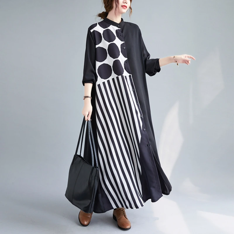 Summer Spring Dot Stripped Shirt Dress Women Long Sleeve Patchwork Woman Clothing Casual Dresses Ladies New Shirt Dress 2023