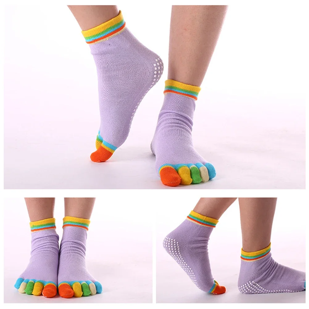 Pilates Women Sports Yoga Socks Hot Fitness Cotton Socks Rainbow Workout Anti Slip Toe Socks Breathable Purple Gym al yoga