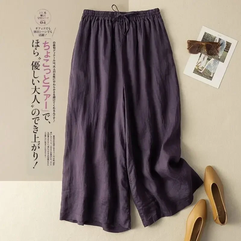 

Purple Cotton Linen Casual Elastic High Waist Loose Women's Pants Korean Fashion Wide Leg Ankle-Length Pants For Women 2025