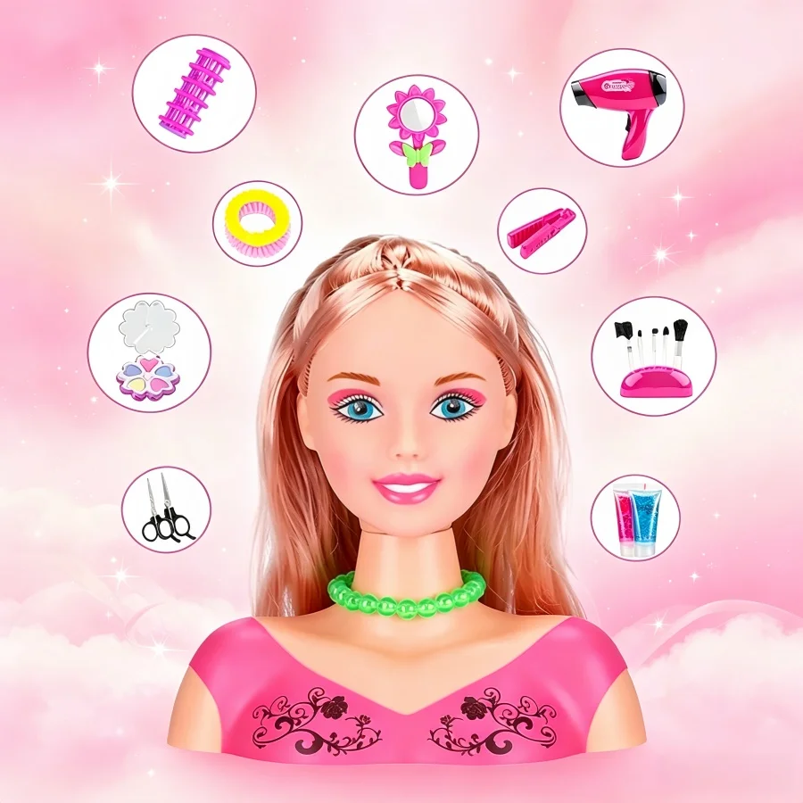 Half Body Doll Hair Styling Makeup Play Set, Mannequin Head with Cosmetic Kit & Hair Accessories, Princess Hairstyle Toys