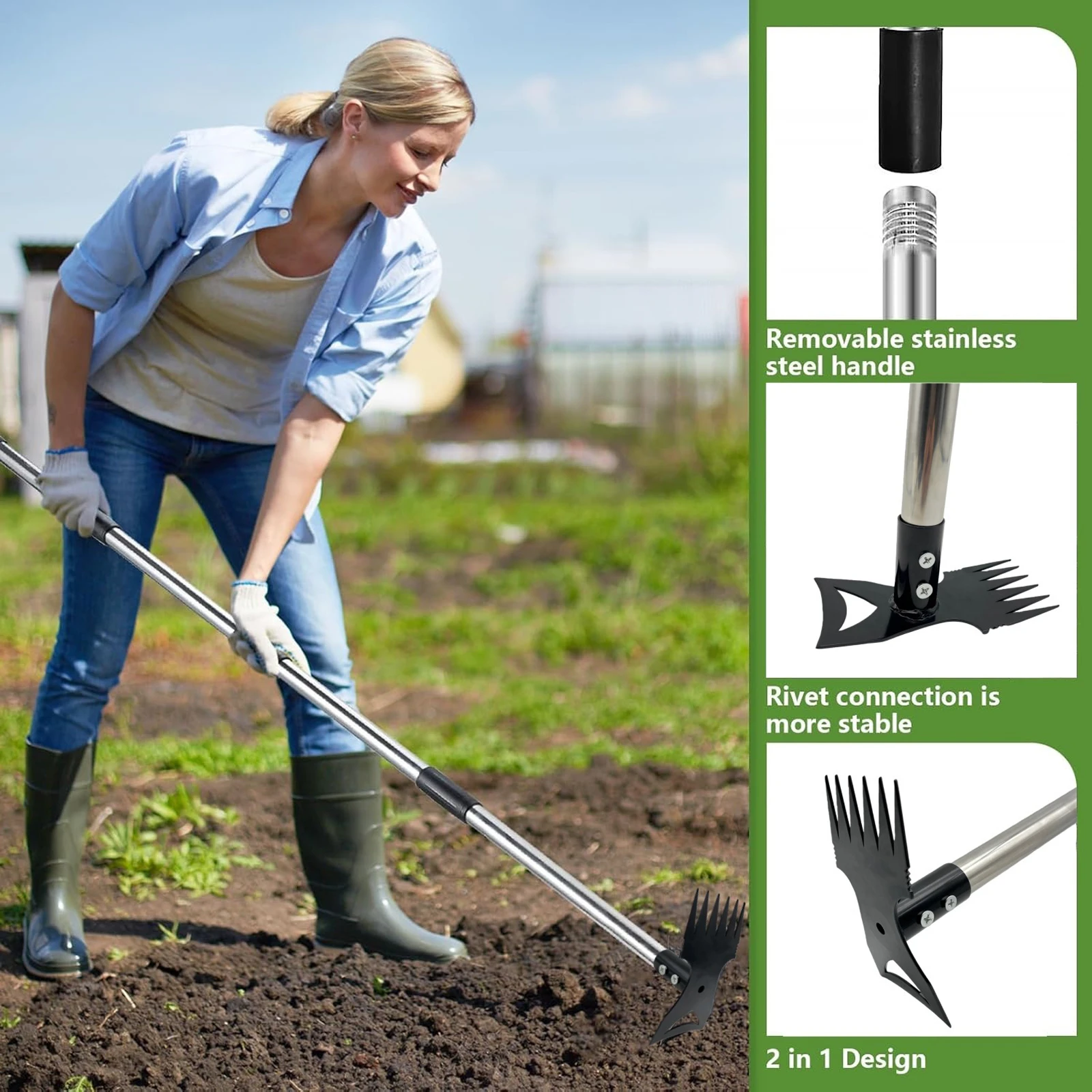 Dual Purpose Hoe Weeding Shovel Rake 2 in 1 Garden Weeding Rake Cultivator Hoe Sharpened Hoe for Heavy Duty Stand Weeding Tools