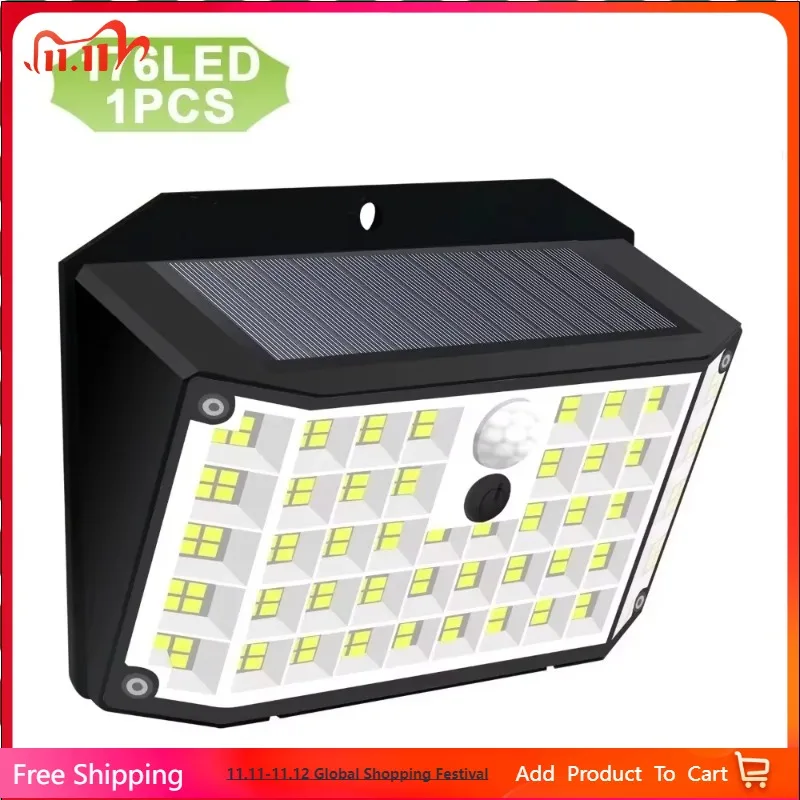 

176 LED Solar Lights Outdoor Waterproof Motion Sensor Solar Powered Flood Lights Security Wall Lights 3 Modes Yard Deck Garden