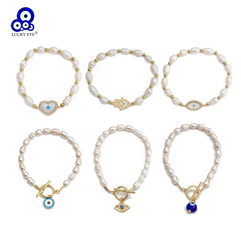 Lucky Eye Copper Freshwater Pearl Bracelet Adjustable Heart Fatima Hand Turkish Evil Eye Charm Bracelet for Women Men BE1220