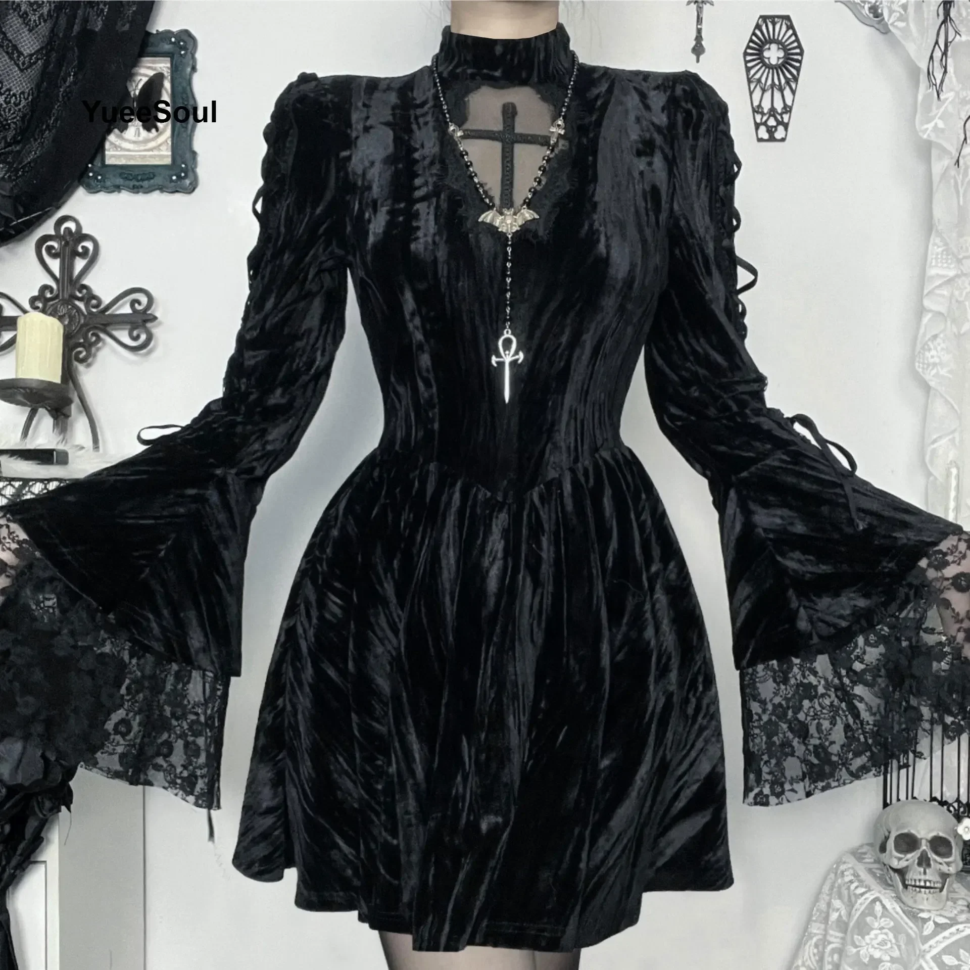 Halloween Gotico Grunge Punk Vestito Delle Donne A Maniche Lunghe In Pizzo Sottile Abiti Neri 2024 Nuovo Y2K Harajuku Lolita Fairy Core Vestito Da