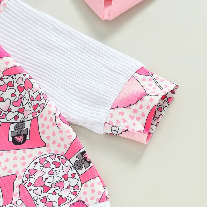 Romper bayi perempuan, baju pakaian kasual balita, perayaan Hari Valentine, lengan lipit dengan motif hati dan lengan lipit