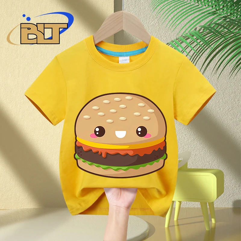 Kawaii Cheeseburger printed kids T-shirt summer children's pure cotton short-sleeved casual tops for boys and girls