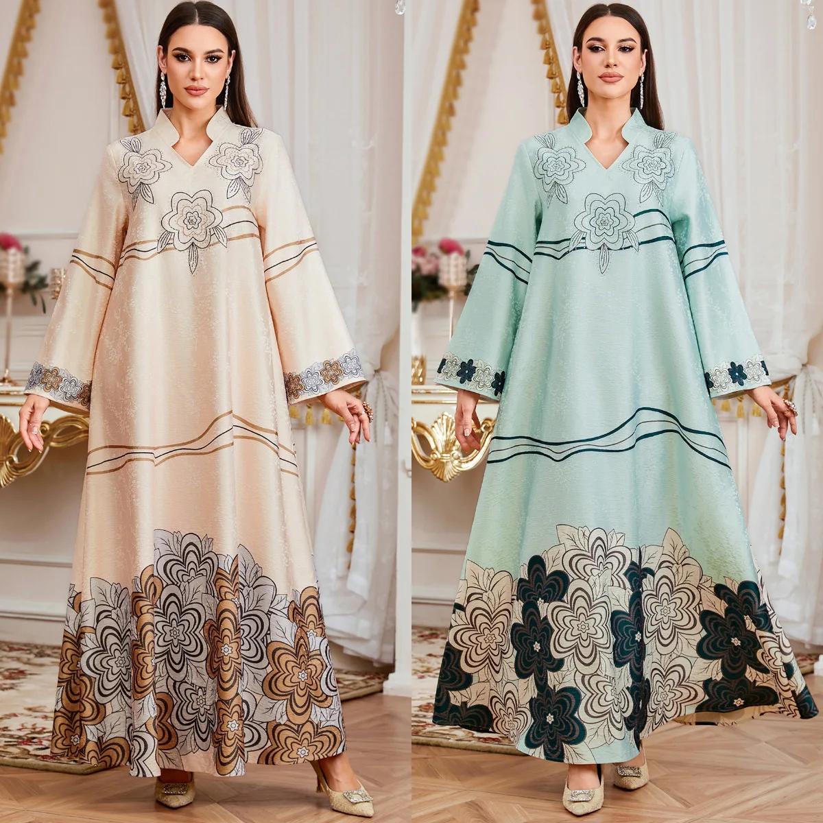 

Faionable Printed Robe Dr Long Sve Deep V Ne a Line Skirt Midi Dr Color Blo Floral Patterned New Arrival Dubai