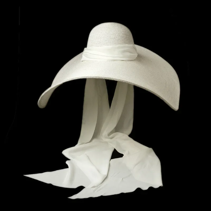 Women White 25cm Oversized Sun Hat Soft Silk Ribbon Tie Wide Brim Floppy Hat Giant Beach Straw Hat Summer Kentucky Derby Cap