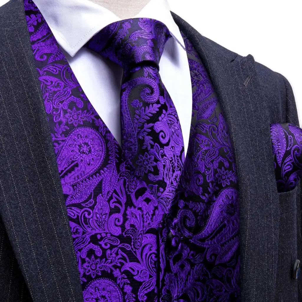 Elegant Silk Purple Black Vest for Men Paisley Waistcoat Bowtie Tie Set Sleeveless Jacket Wedding Business Barry Wang