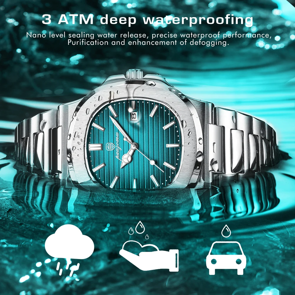 PAAZOMU Luxury Watch Business 50 ATM Waterproof Male Clock Luminous Date Stainless Steel Square Quartz Men Watches reloj hombre