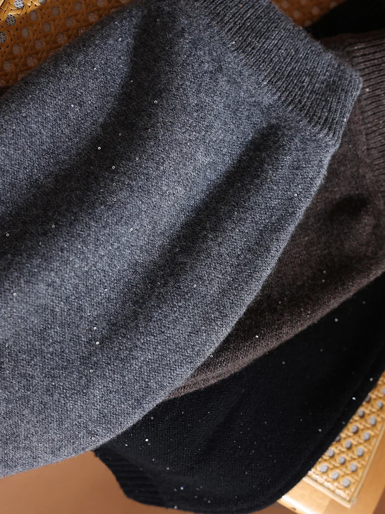 Gonna di lana da donna autunno inverno a vita alta addensare mini gonna con paillettes sottile sopra il ginocchio abito da donna da ufficio 100% lana merino lavorata a maglia