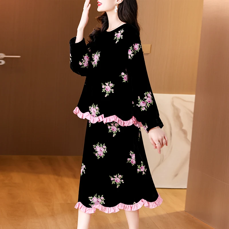 Autumn Black Velvet Long Sleeve Top Coat+Hlaf Length Skirt Two Piece Sets 2024 Female Chic Patchwork Beading Ruffled Dress Suits