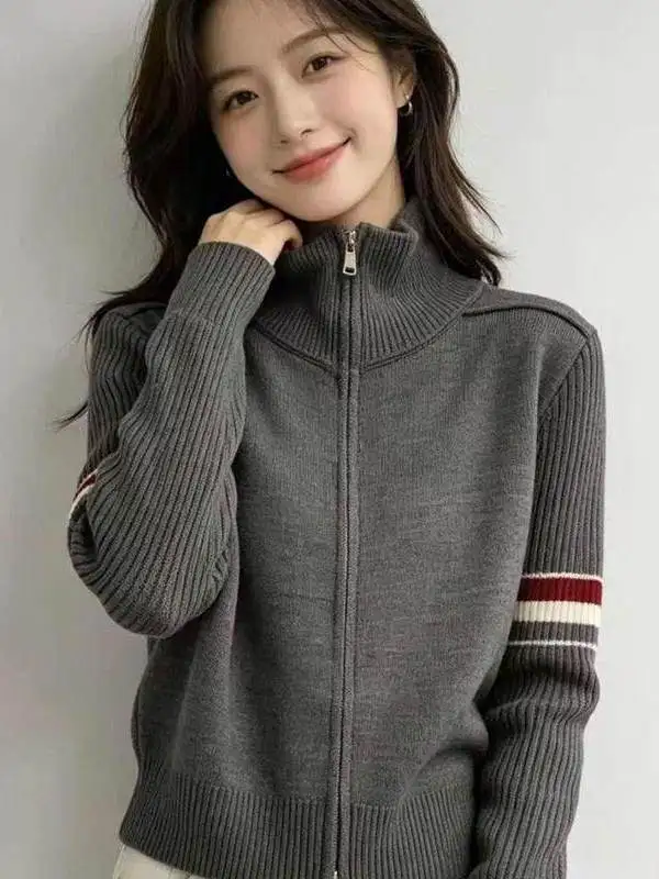 American Retro College Style Zipper Color Block Knitwear Autumn Winter New Baseball Style Versatile Knitted Sweater Korean St...