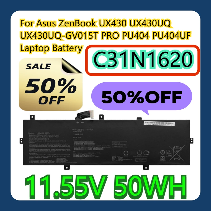 

For Asus ZenBook UX430 UX430UQ UX430UQ-GV015T PRO PU404 PU404UF 11.55V 50WH C31N1620 Laptop Battery